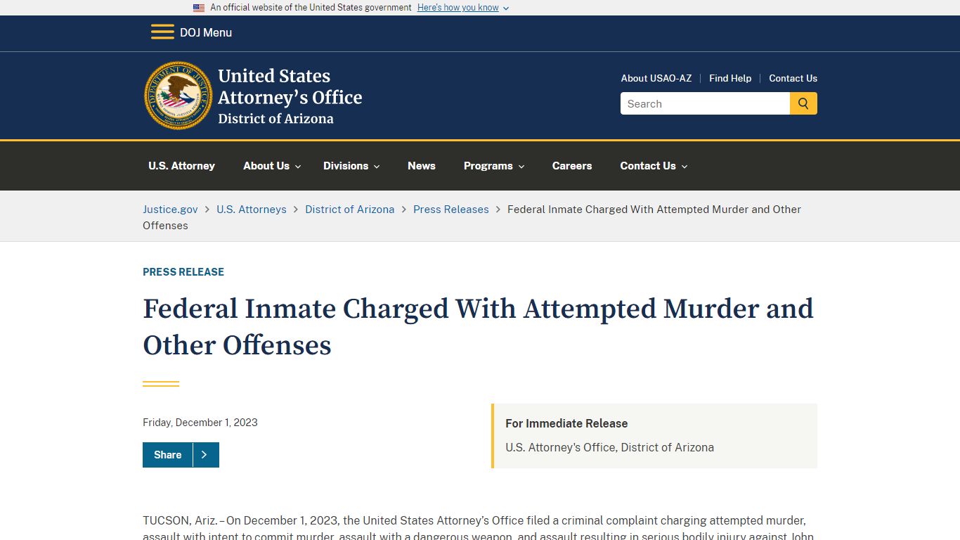 District of Arizona | Federal Inmate Charged With Attempted Murder and ...